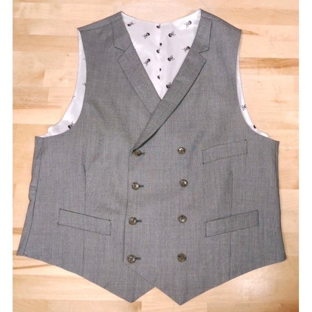 Indochino Double Breasted Wool Waistcoat Gray Birdseye Skull Crossbones Size 38
